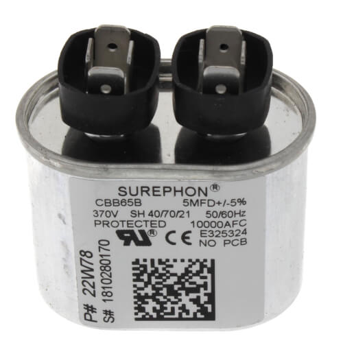 Lennox 22W78 capacitor - front view (MFD: 5; Product Type: Capacitor)