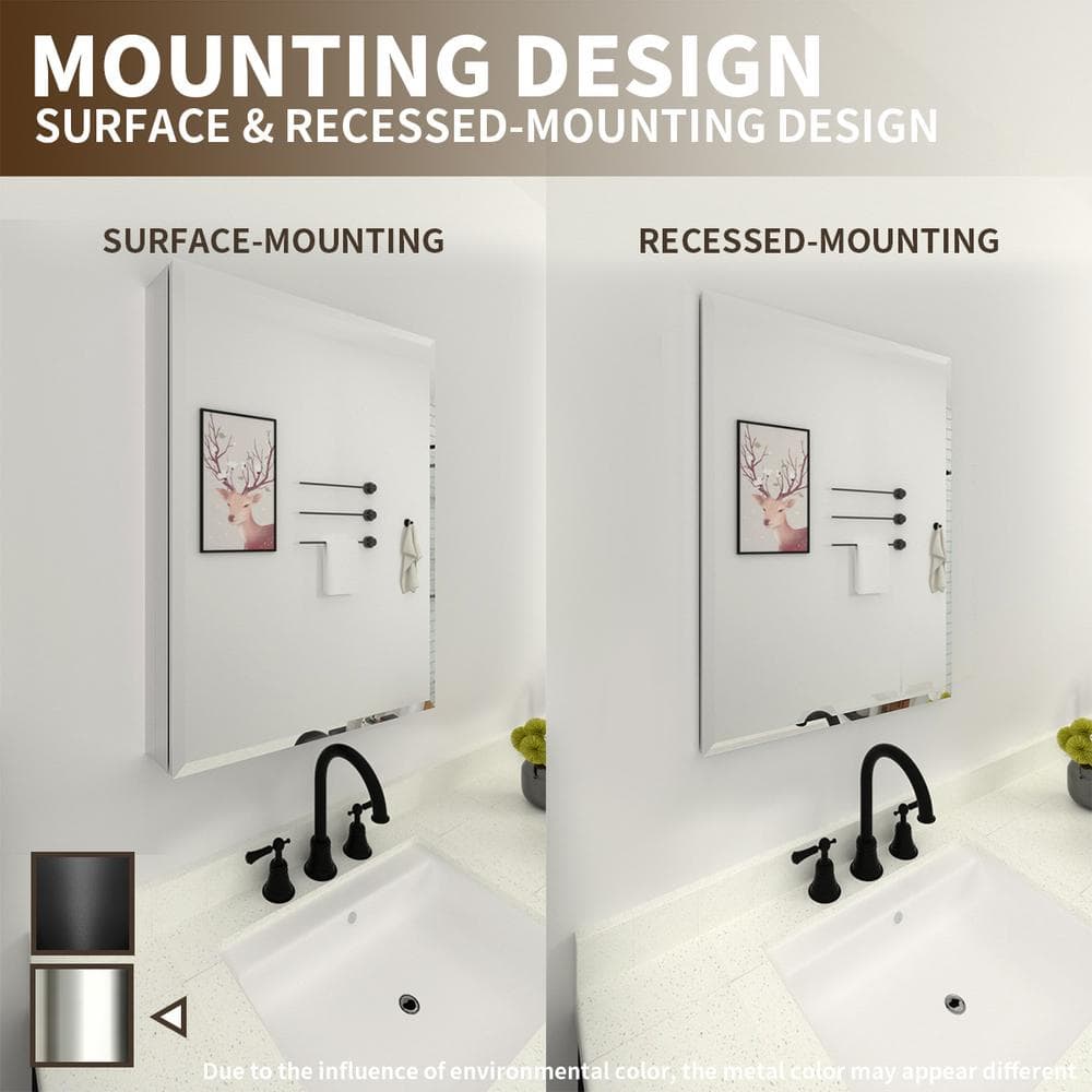FAMYYT 23 in. W x 30 in. H Rectangular Silver Aluminum Alloy Recessed/Surface Mount Medicine Cabinet with Mirror