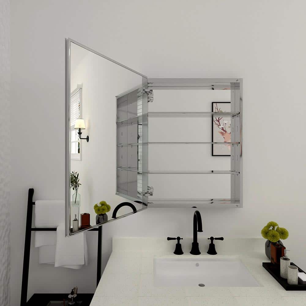 FAMYYT 23 in. W x 30 in. H Rectangular Silver Aluminum Alloy Recessed/Surface Mount Medicine Cabinet with Mirror