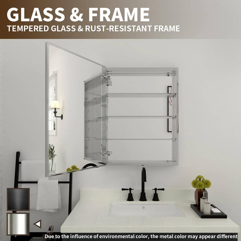 FAMYYT 23 in. W x 30 in. H Rectangular Silver Aluminum Alloy Recessed/Surface Mount Medicine Cabinet with Mirror