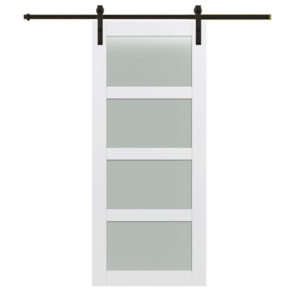 42 in. x 84 in. Shaker 4-Lite Frosted Glass Primed MDF Sliding Barn Door with Bent Strap Hardware Kit - Super Arbor