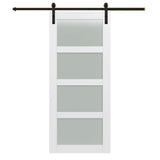 42 in. x 84 in. Shaker 4-Lite Frosted Glass Primed MDF Sliding Barn Door with Bent Strap Hardware Kit - Super Arbor