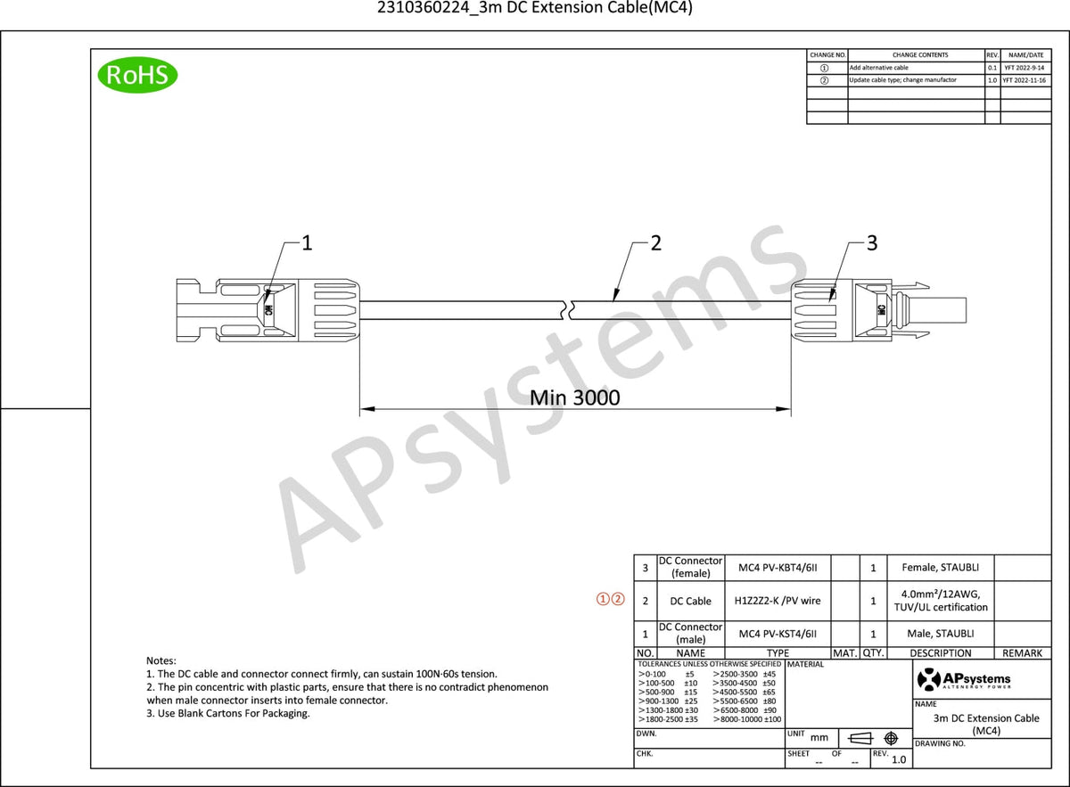 APsystems MC4 DC Extension Cable 3M