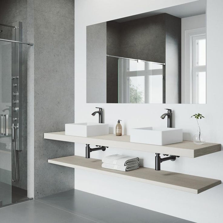 VIGO Dianthus White Matte Stone Vessel Bathroom Sink and Linus Bathroom Vessel Faucet in Antique Rubbed Bronze w/ Pop up