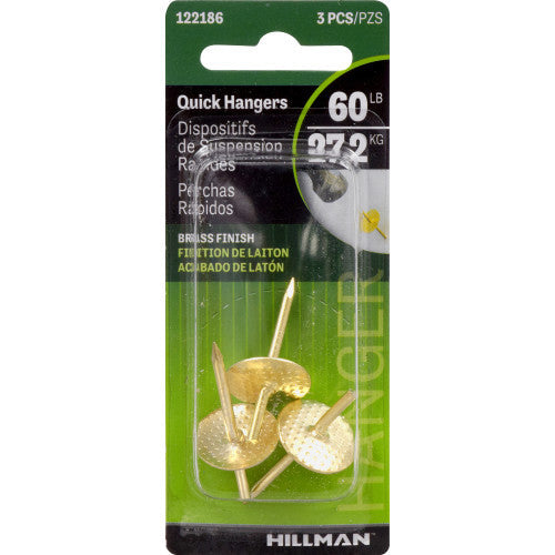 Hillman Brass-Plated Quick Hangers, 60 lb Capacity, 3-Pack