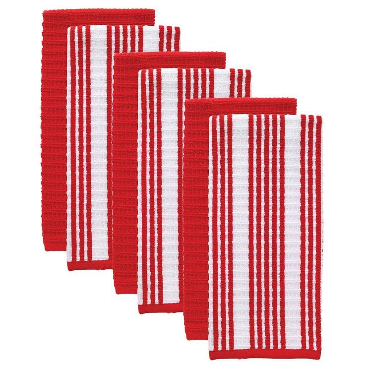 T-Fal Red Solid and Stripe Cotton Waffle Terry Kitchen Dish Towel (Set of 6)