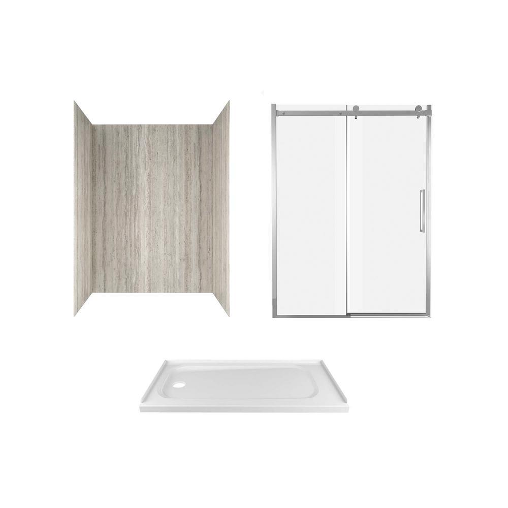 Passage 60 in. x 72 in. 3-Piece Glue-Up Alcove Shower Wall, Door and Base Kit with Left Hand Drain in Serene Marble - Super Arbor