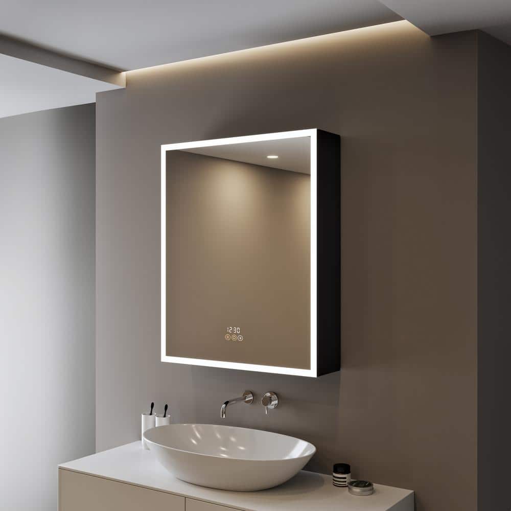 HBEZON Flora 24 in. W x 30 in. H Rectangular Aluminum LED Dimmable Medicine Cabinet with Mirror, Interior Lighting, Left Hinge