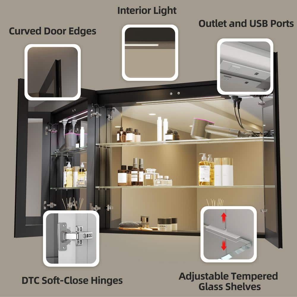 HBEZON Flora 24 in. W x 30 in. H Rectangular Aluminum LED Dimmable Medicine Cabinet with Mirror, Interior Lighting, Left Hinge