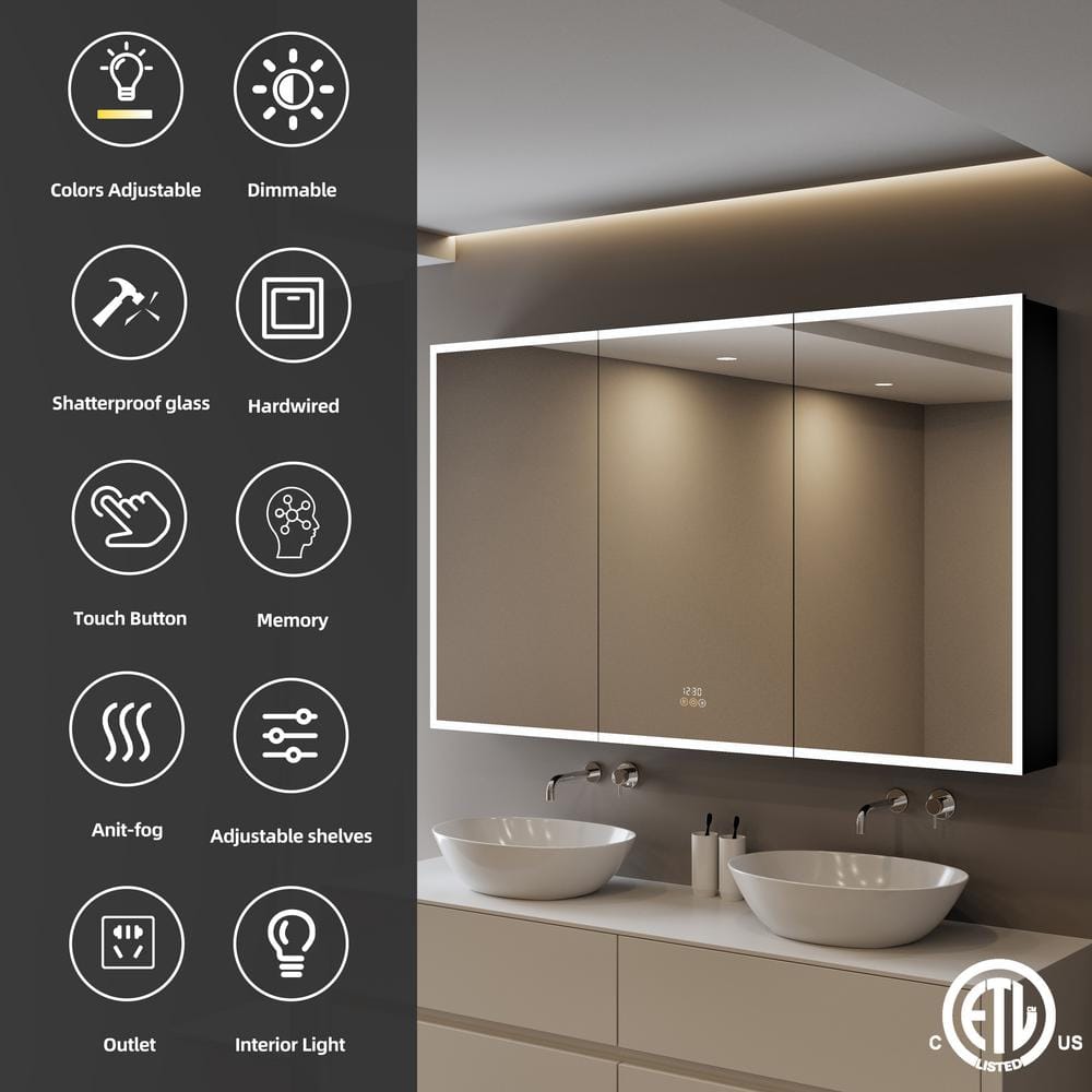 HBEZON Flora 24 in. W x 30 in. H Rectangular Aluminum LED Dimmable Medicine Cabinet with Mirror, Interior Lighting, Left Hinge