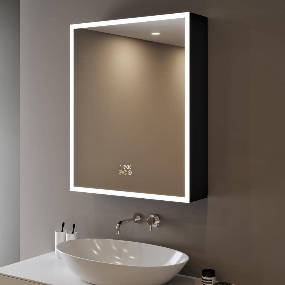 HBEZON Flora 24 in. W x 30 in. H Rectangular Aluminum LED Dimmable Medicine Cabinet with Mirror, Interior Lighting, Left Hinge