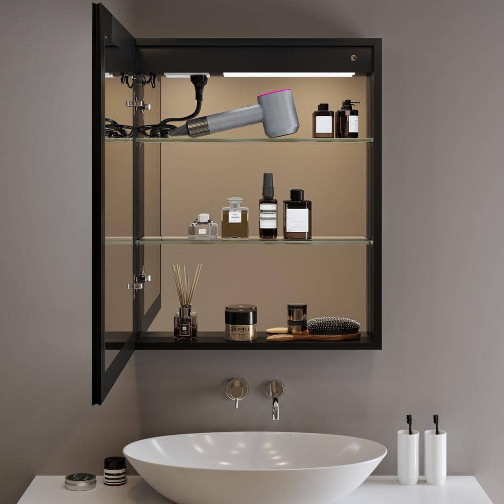 HBEZON Flora 24 in. W x 30 in. H Rectangular Aluminum LED Dimmable Medicine Cabinet with Mirror, Interior Lighting, Left Hinge