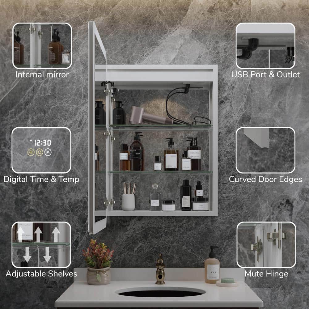 HBEZON Artemis 24 in. W x 36 in. H Small Rectangular Aluminum Rounded Edge Dimmable Medicine Cabinet with Mirror, Left Hinge