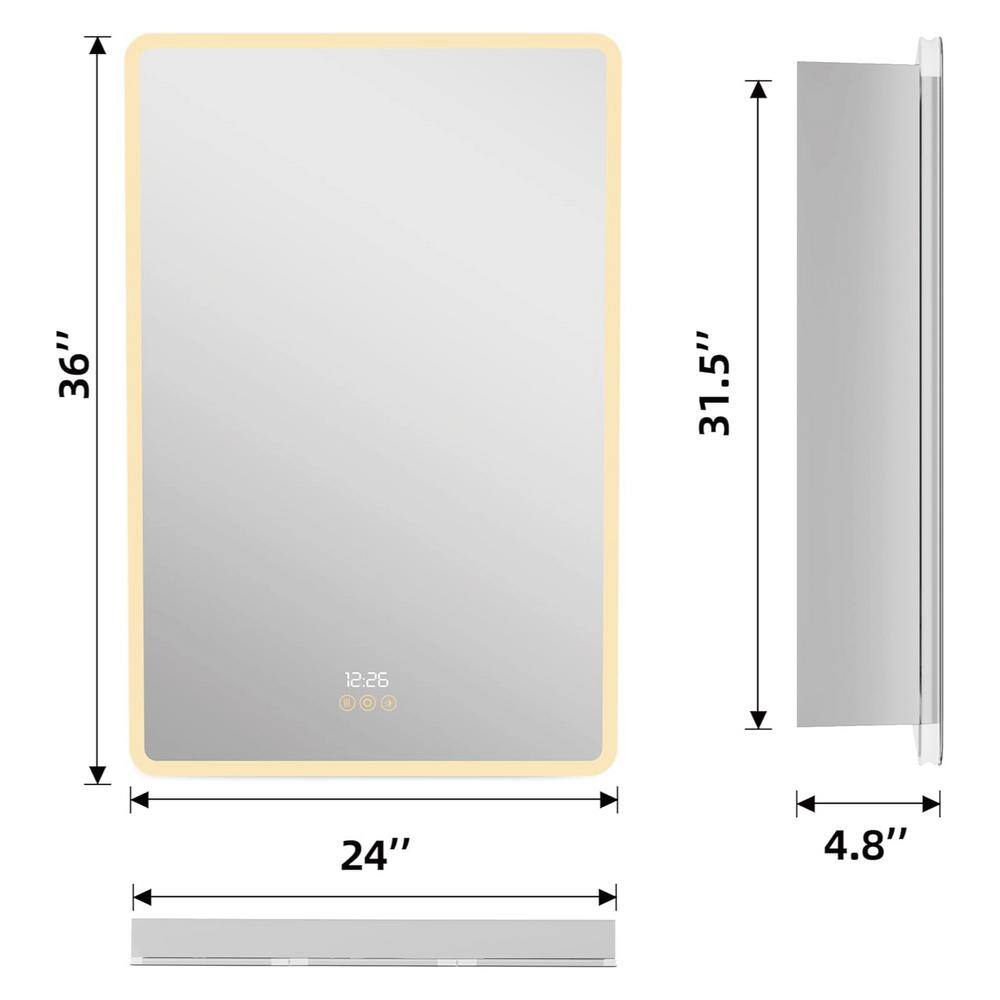 HBEZON Artemis 24 in. W x 36 in. H Small Rectangular Aluminum Rounded Edge Dimmable Medicine Cabinet with Mirror, Left Hinge