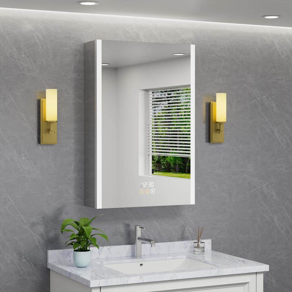 HBEZON Eos 24 in. W x 36 in. H Rectangular Aluminum Surface/Recessed Medicine Cabinet with Mirror and Light, Left Hinge