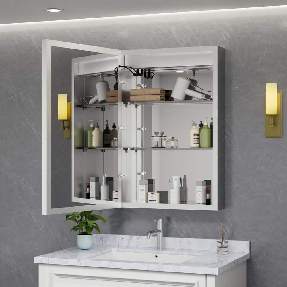 HBEZON Eos 24 in. W x 36 in. H Rectangular Aluminum Surface/Recessed Medicine Cabinet with Mirror and Light, Left Hinge