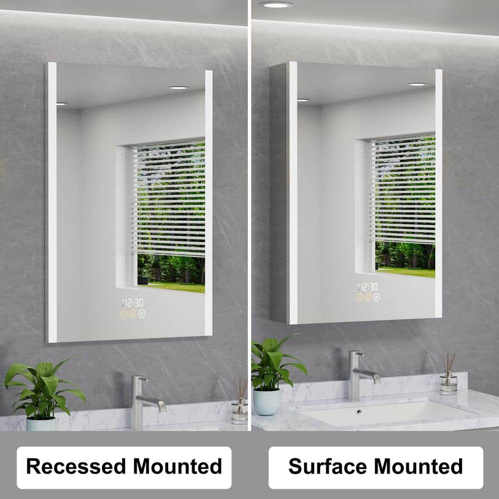 HBEZON Eos 24 in. W x 36 in. H Rectangular Aluminum Surface/Recessed Medicine Cabinet with Mirror and Light, Left Hinge