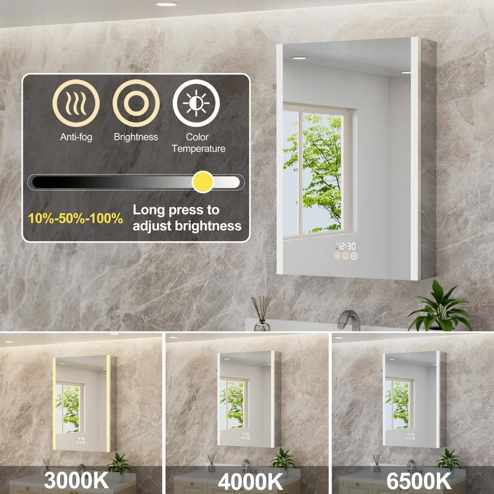 HBEZON Rina 24 in. W x 36 in. H Rectangular Aluminum Surface/Recessed Medicine Cabinet with Mirror and Light for Bathroom