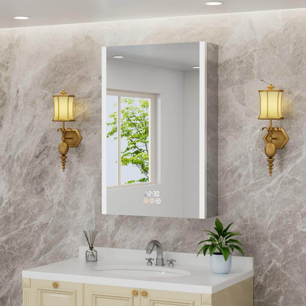 HBEZON Rina 24 in. W x 36 in. H Rectangular Aluminum Surface/Recessed Medicine Cabinet with Mirror and Light for Bathroom