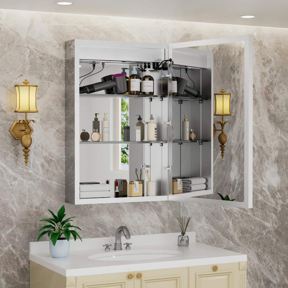 HBEZON Rina 24 in. W x 36 in. H Rectangular Aluminum Surface/Recessed Medicine Cabinet with Mirror and Light for Bathroom