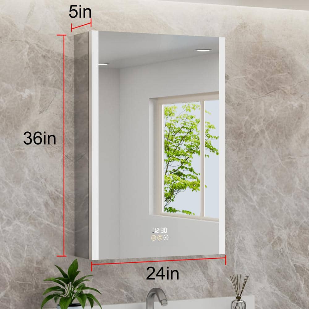 HBEZON Rina 24 in. W x 36 in. H Rectangular Aluminum Surface/Recessed Medicine Cabinet with Mirror and Light for Bathroom