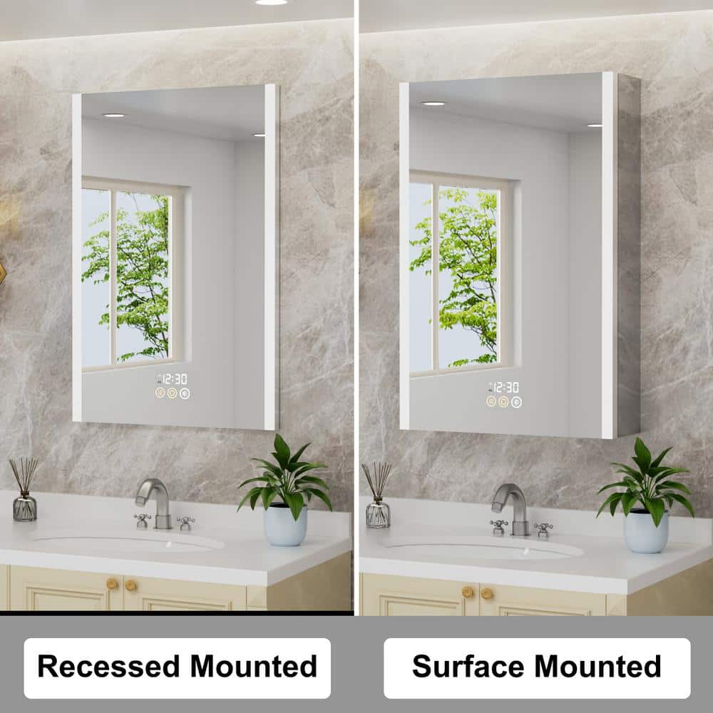 HBEZON Rina 24 in. W x 36 in. H Rectangular Aluminum Surface/Recessed Medicine Cabinet with Mirror and Light for Bathroom