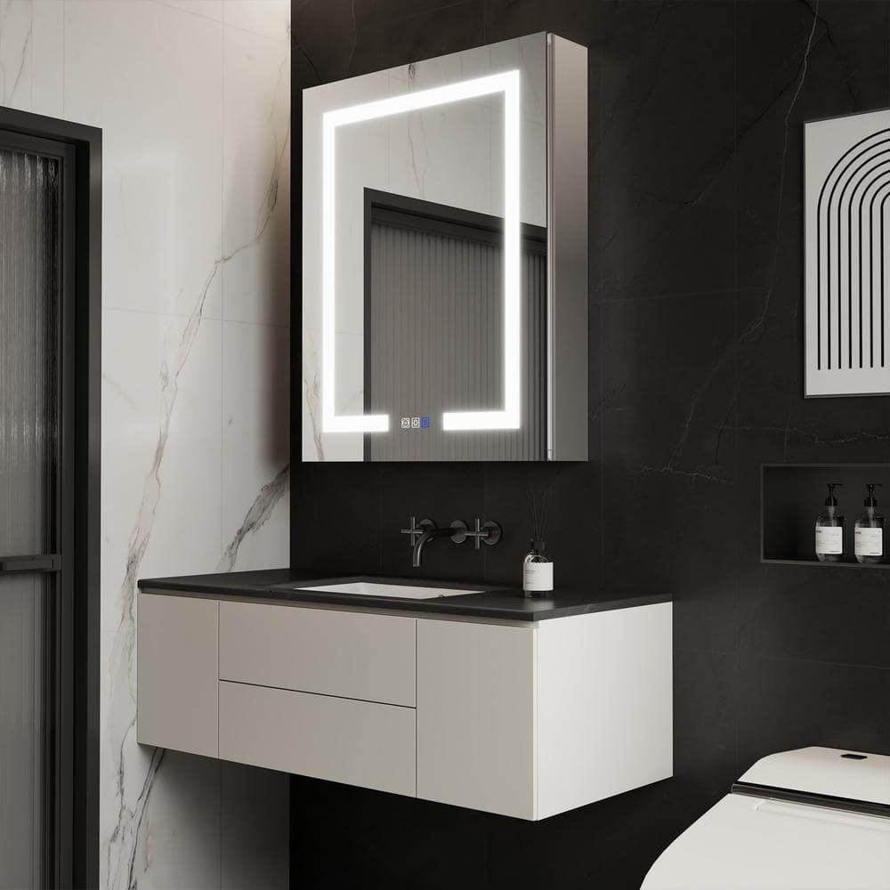 GroGro Glare 24 in. W x 30 in. H Rectangular Aluminum Recessed/Surface Mount Left Open Medicine Cabinet with Mirror LED