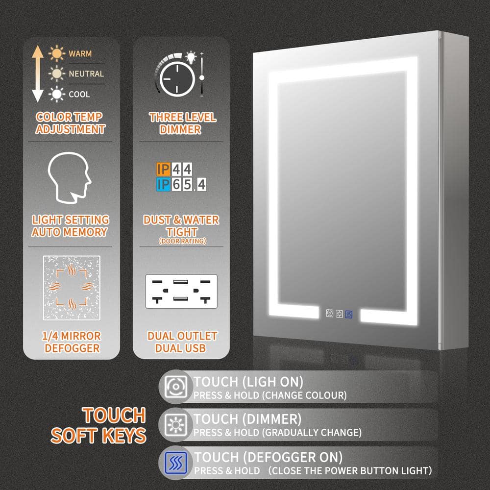 GroGro Glare 24 in. W x 30 in. H Rectangular Aluminum Recessed/Surface Mount Left Open Medicine Cabinet with Mirror LED