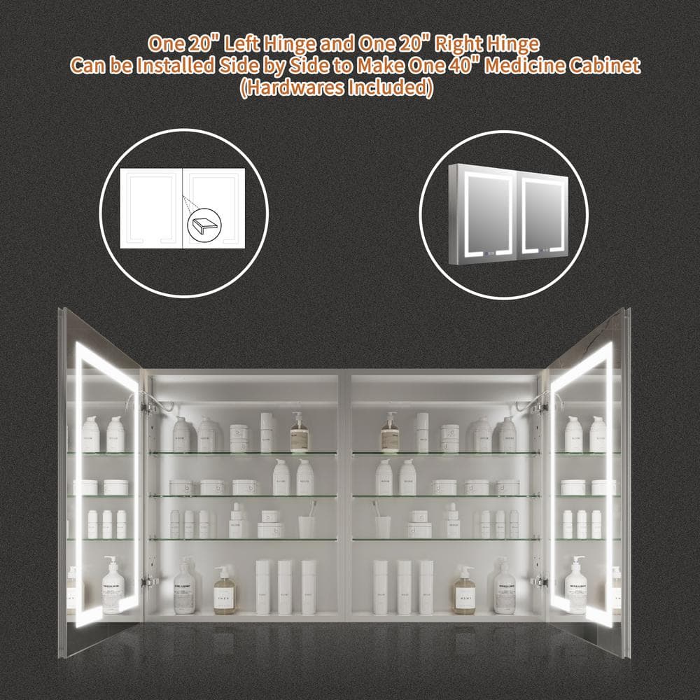 GroGro Glare 24 in. W x 30 in. H Rectangular Aluminum Recessed/Surface Mount Left Open Medicine Cabinet with Mirror LED