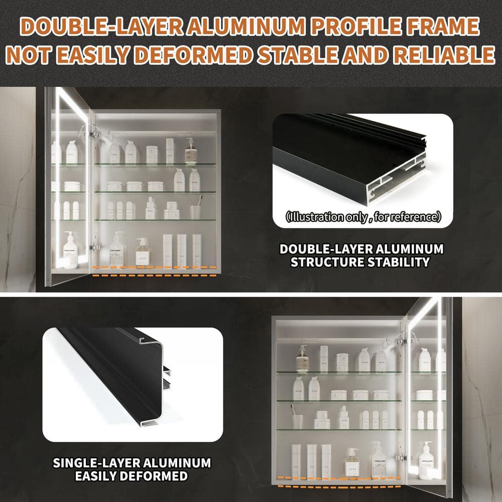 GroGro Glare 24 in. W x 30 in. H Rectangular Aluminum Recessed/Surface Mount Left Open Medicine Cabinet with Mirror LED