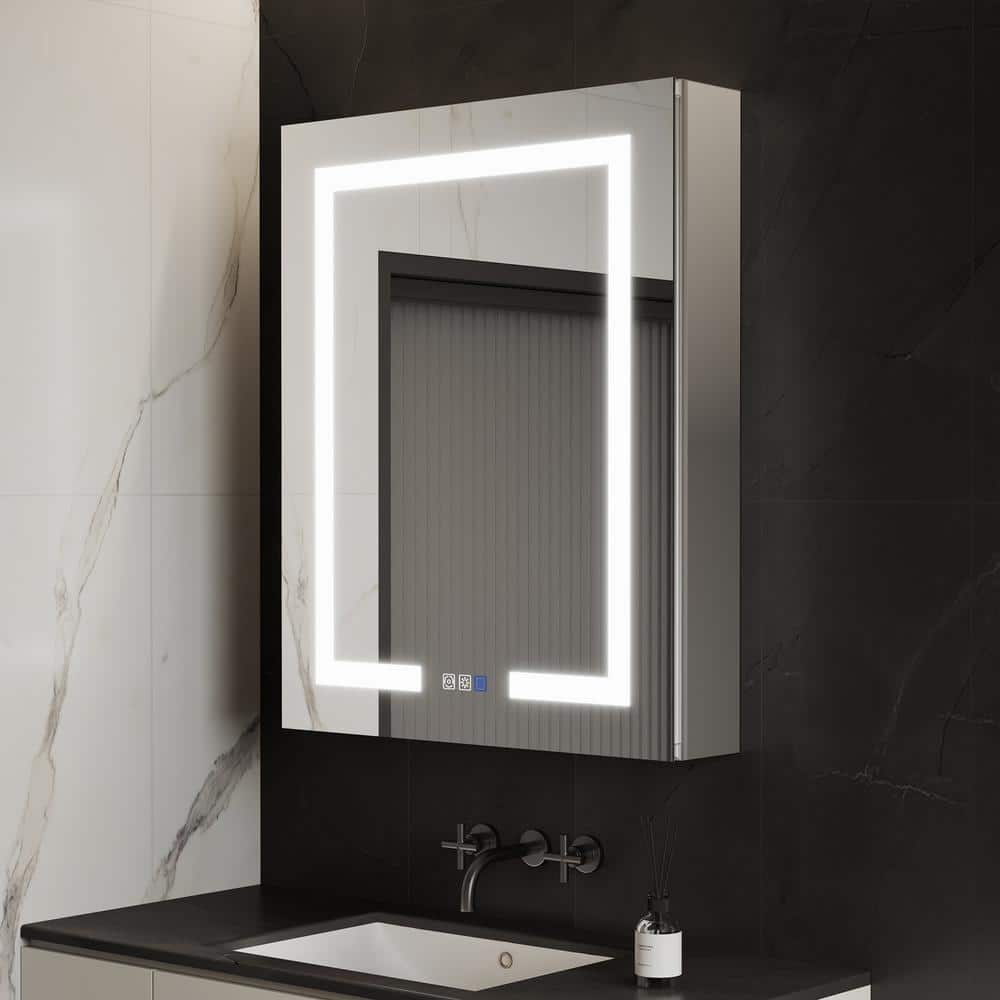 GroGro Glare 24 in. W x 30 in. H Rectangular Aluminum Recessed/Surface Mount Left Open Medicine Cabinet with Mirror LED