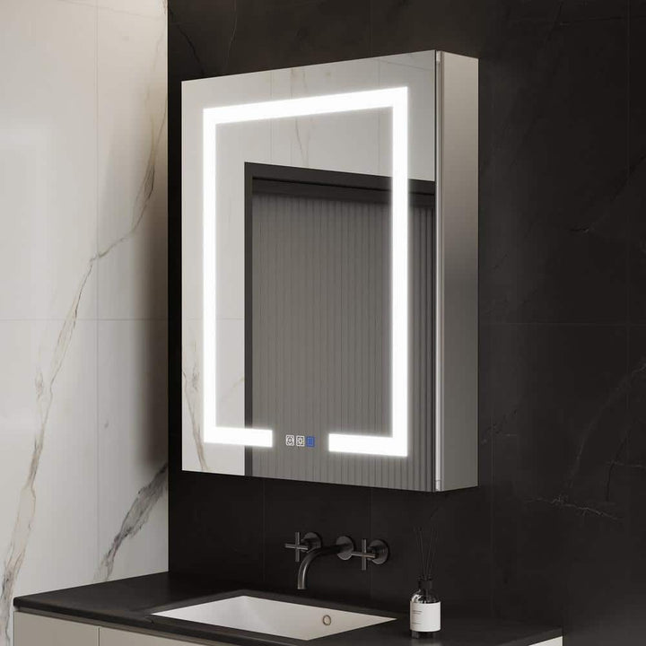 GroGro Glare 24 in. W x 30 in. H Rectangular Aluminum Recessed/Surface Mount Left Open Medicine Cabinet with Mirror LED