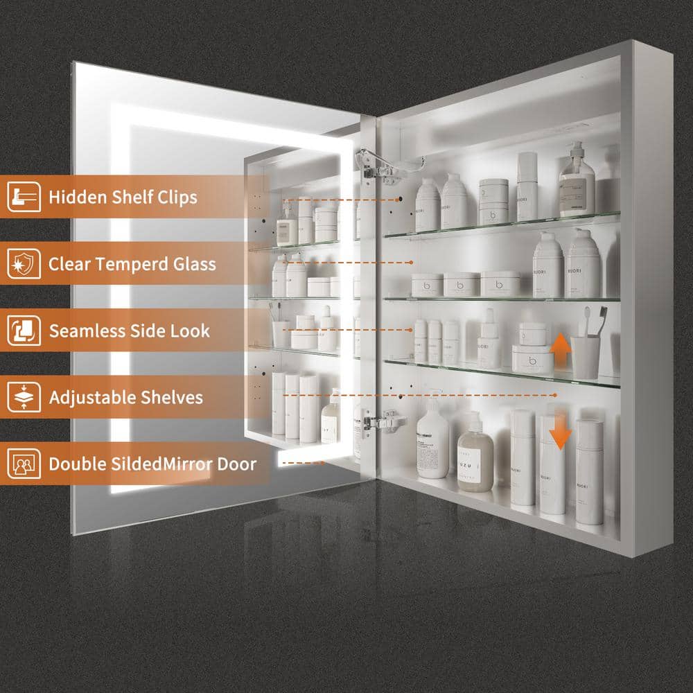 GroGro Glare 24 in. W x 30 in. H Rectangular Aluminum Recessed/Surface Mount Left Open Medicine Cabinet with Mirror LED