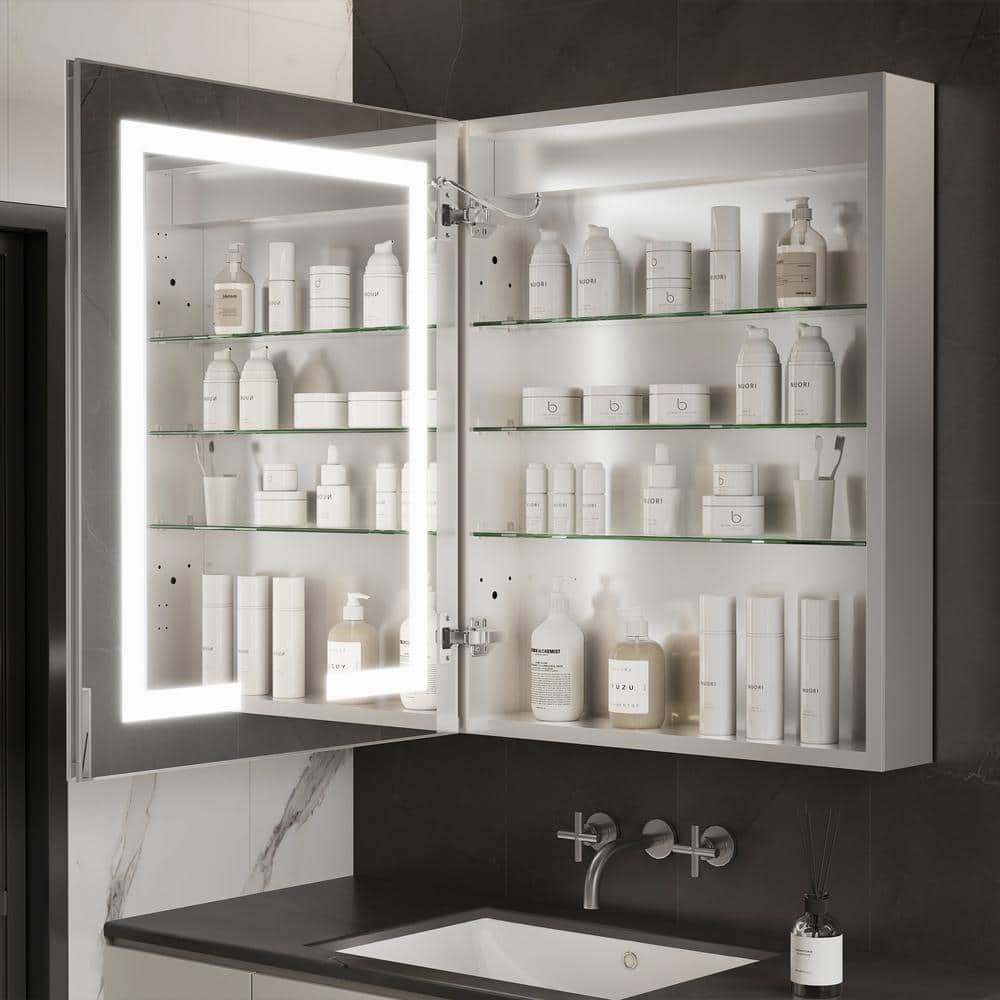 GroGro Glare 24 in. W x 30 in. H Rectangular Aluminum Recessed/Surface Mount Left Open Medicine Cabinet with Mirror LED
