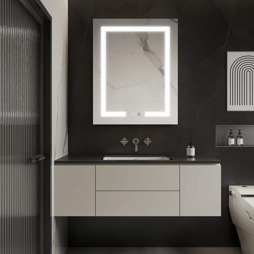 GroGro Glare 24 in. W x 30 in. H Rectangular Aluminum Recessed/Surface Mount Left Open Medicine Cabinet with Mirror LED