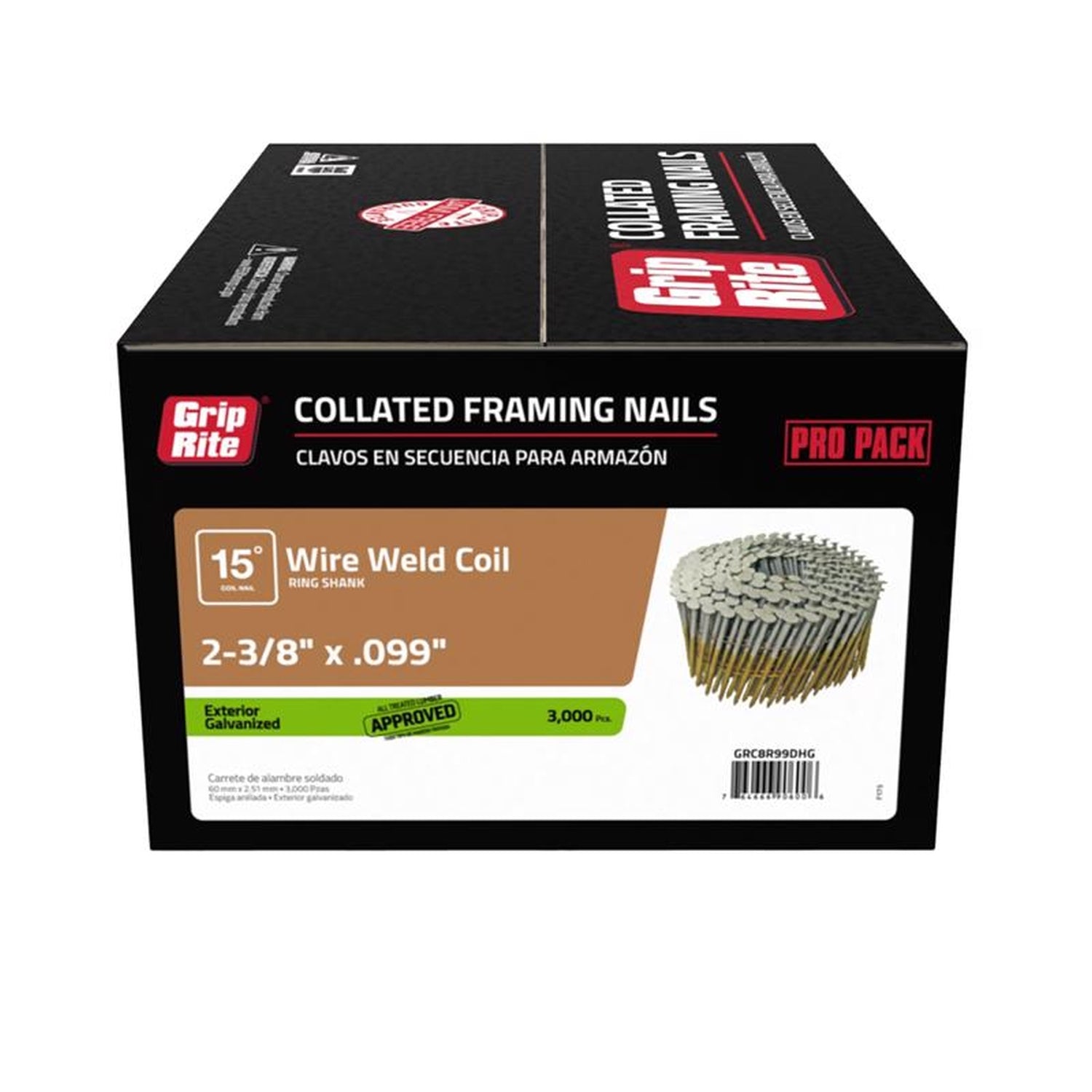 Grip-Rite 15 Degree Wire Weld Coil Framing Nails Hot Dipped Ring Shank 2-3/8" 3M/Box