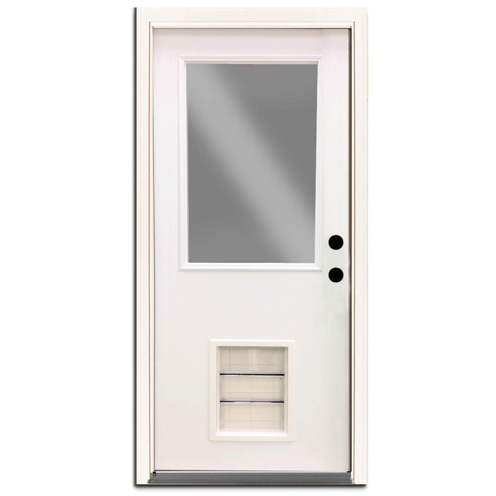 Premium Half Lite Primed White Steel Back Door 32 in. Left Hand Inswing with Extra Large Pet Door - Super Arbor