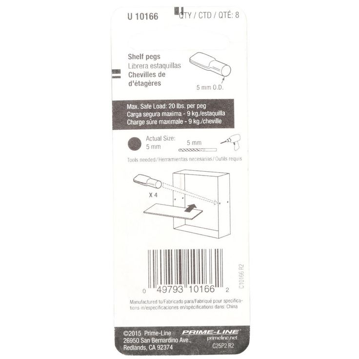 Shelf Support Peg, 5mm, Steel Construction, Nickel Plated (8-pack)