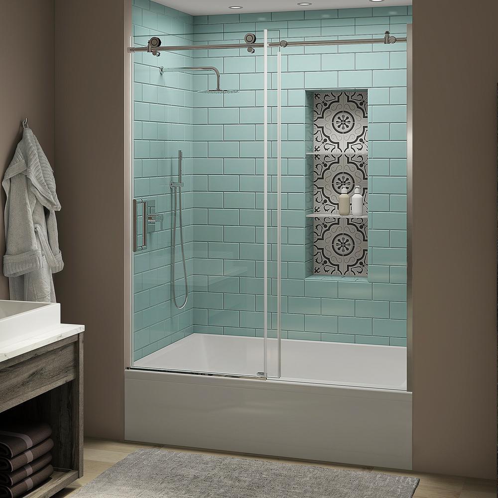 Coraline XL 56 - 60 in. x 70 in. Frameless Sliding Tub Door with StarCast Clear Glass in Stainless Steel, Left Opening - Super Arbor
