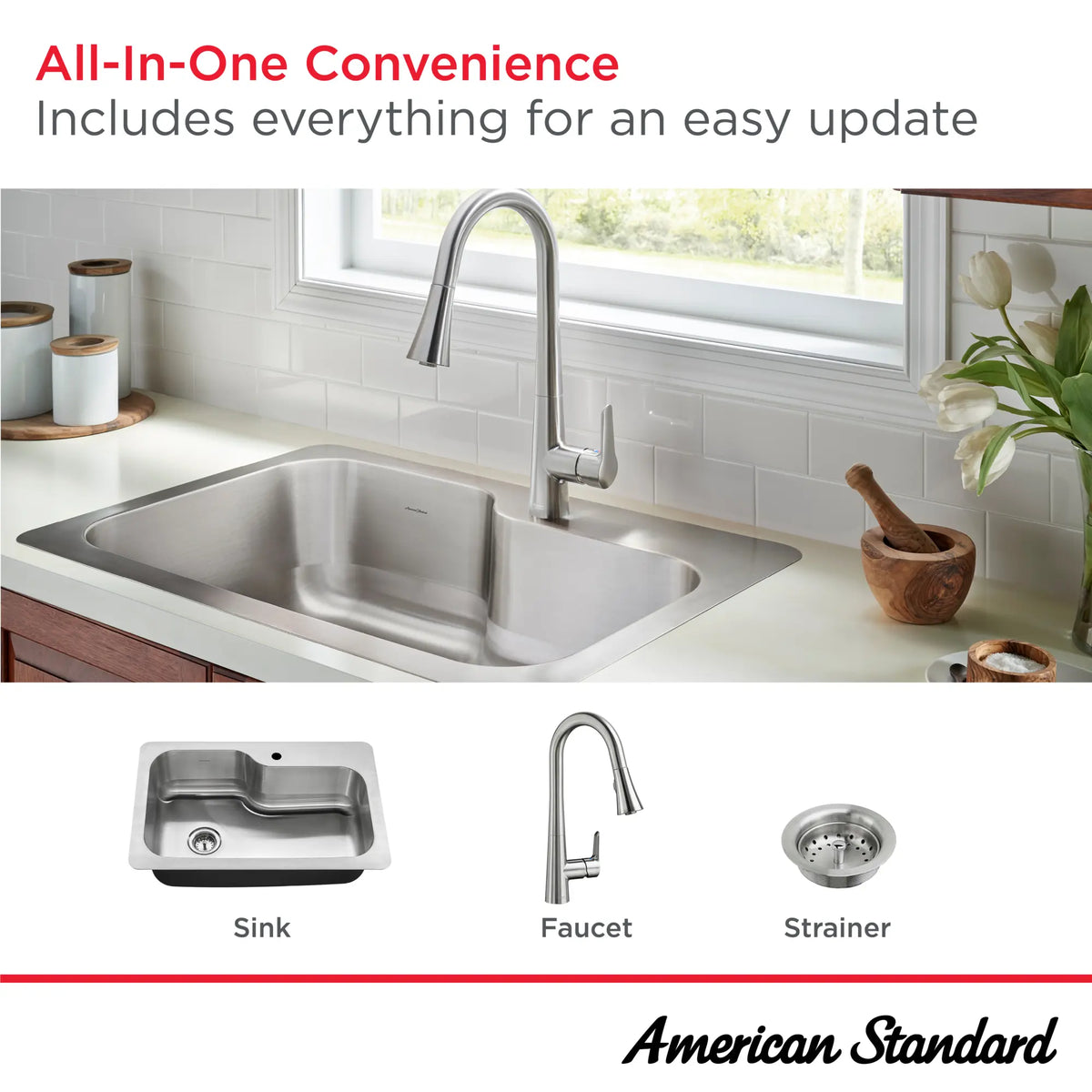 American Standard Raleigh 33-in x 22-in Stainless Steel Single-Bowl Dual-Mount Kitchen Sink All-in-One Kit with 1-Hole Faucet