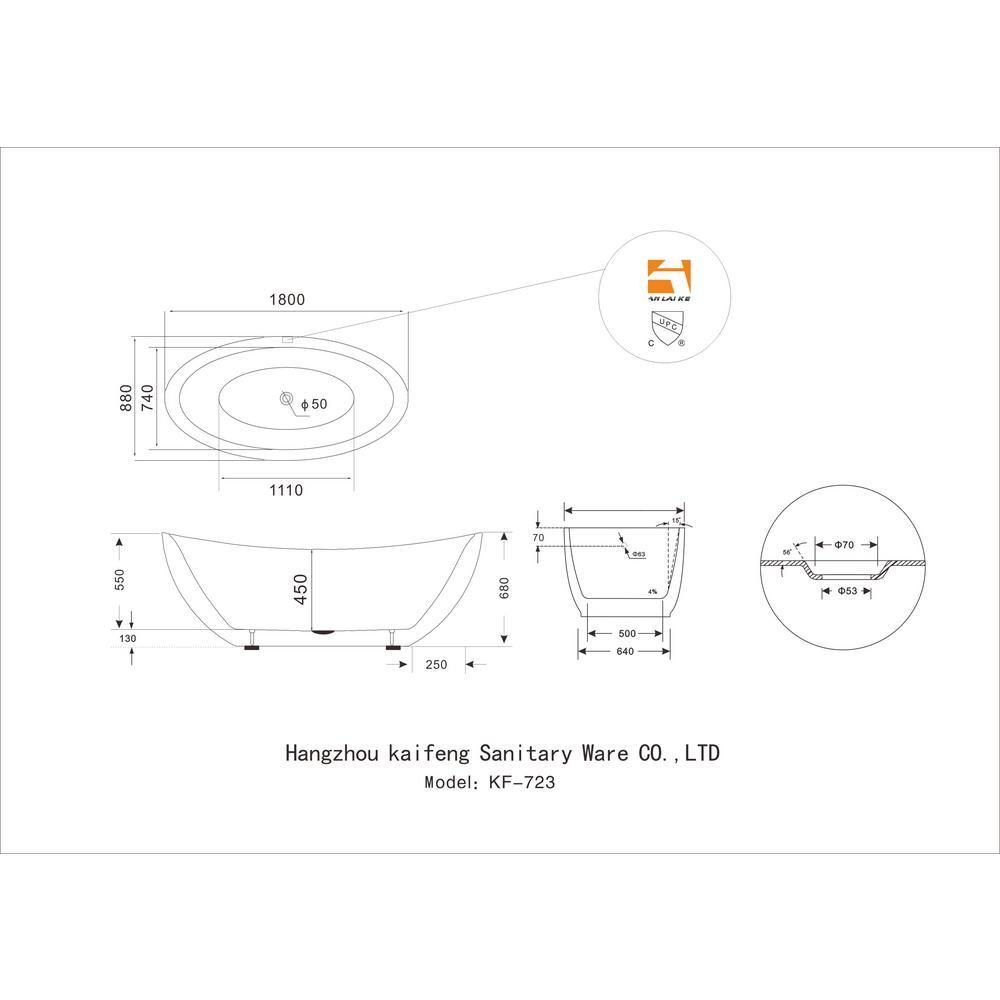 Oval 71 in. W x 36 in. D x 26 in. H Acrylic Flatbottom Freestanding Bathtub with Overflow, White (not Whirlpool) - Super Arbor