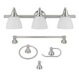 Estorial 3-Light Brushed Nickel Vanity Light with Frosted Glass Shades and Bath Set (4-Piece)