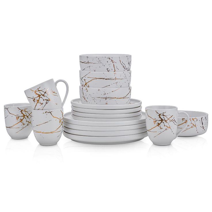 16-Piece Casual Gold and White Porcelain Dinnerware Set (Set for 4)