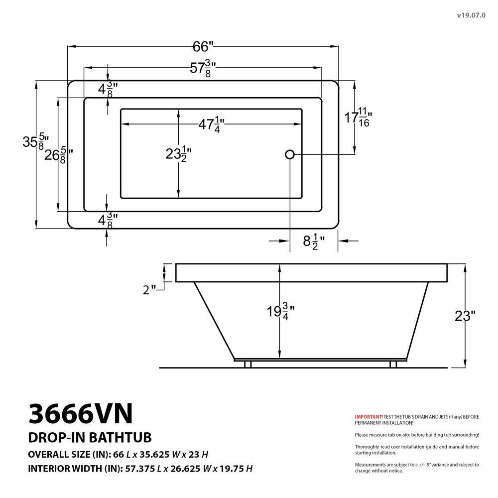 Sapphire 5.5 ft. Rectangular Drop-in Whirlpool and Air Bath Tub in White - Super Arbor