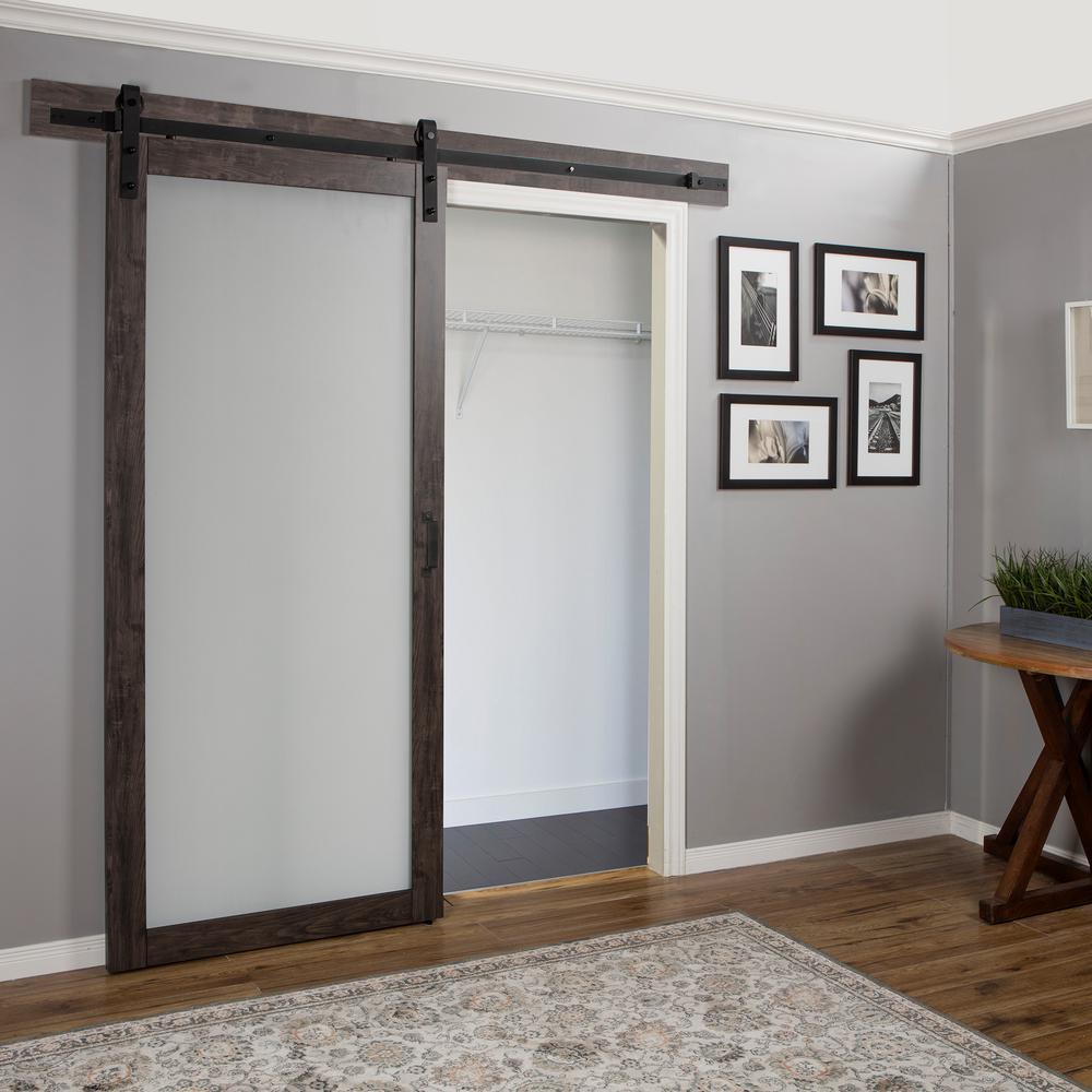36 in. x 84 in. Iron Age Gray MDF Frosted Glass 1 Lite Design Sliding Barn Door with Rustic Hardware Kit - Super Arbor