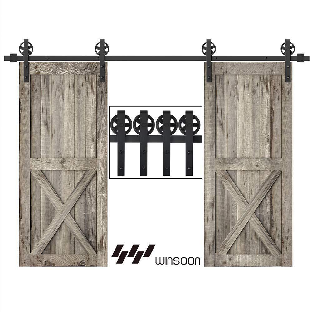 12 ft. /144 in. Frosted Black Sliding Barn Door Track and Hardware Kit for Double Doors with Non-Routed Floor Guide - Super Arbor