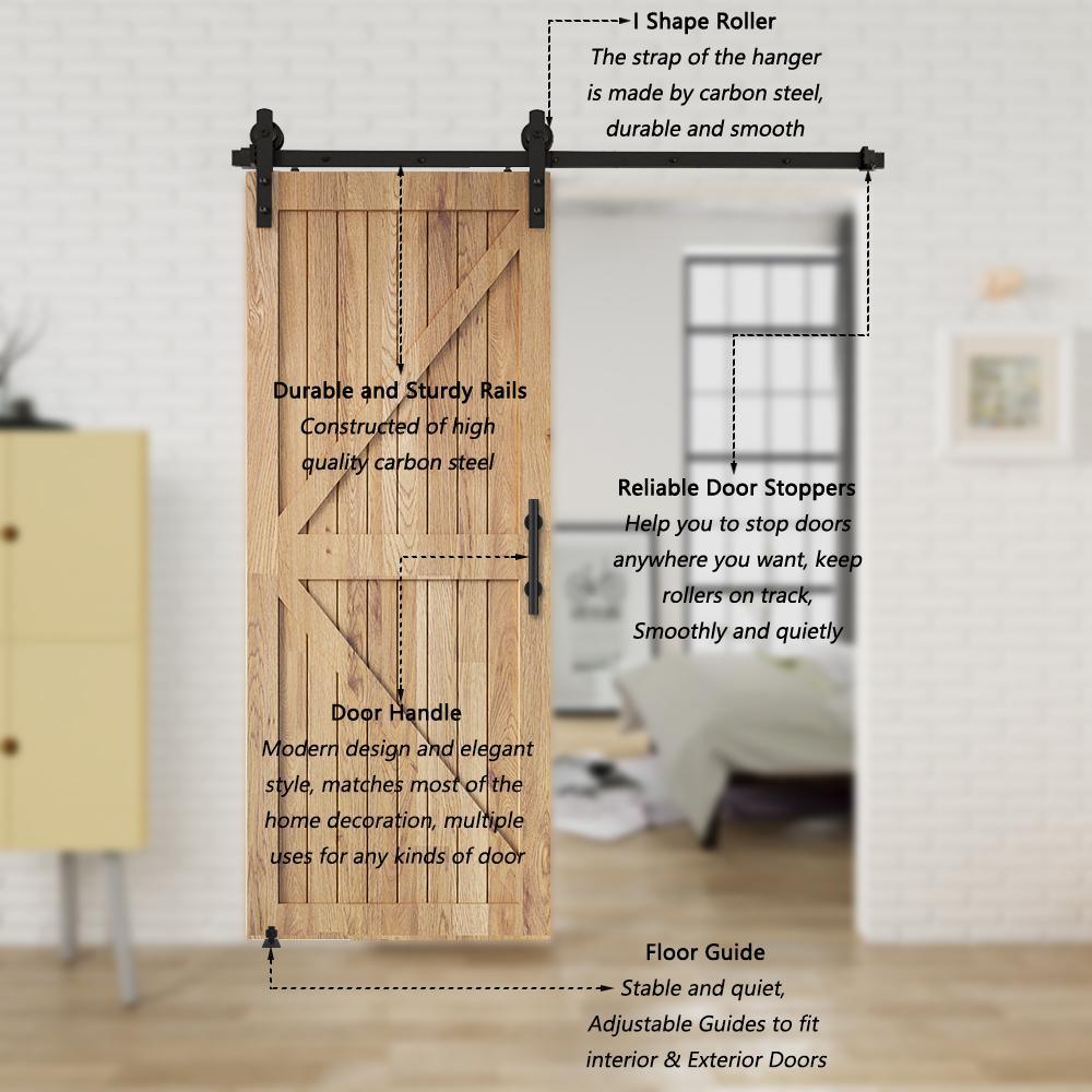 6 ft./72 in. Black Steel Strap Sliding Barn Door Track and Hardware Kit with 12 in. Cylinder Handle and Floor Guide - Super Arbor