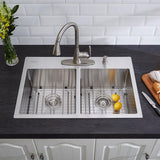 Drop-in Stainless Steel 33 in. 4-Hole Double Bowl 50/50 Kitchen Sink Kit in Satin