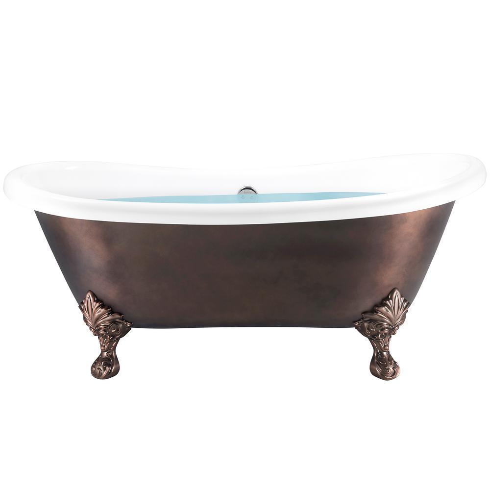 69 in. Fiberglass Double Slipper Clawfoot Non-Whirlpool Bathtub in Matte Antique Brass - Super Arbor