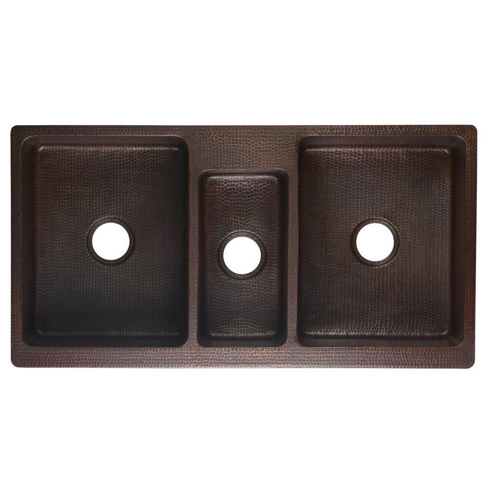 All-in-One Copper 42 in. Triple Bowl Kitchen Farmhouse Apron Front Sink with Faucet in ORB - Super Arbor